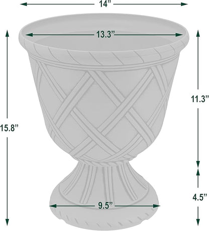 Arcadia Garden Products PL61BG Lattice Plastic Garden Urn, Classic Decorative Garden Pot Planter for Indoor and Outdoor Plants, Beige