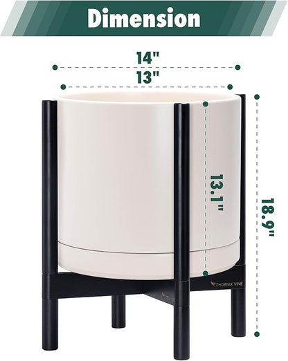 D'vine Dev Ceramic Planter with Ebony Stand - 14 Inch Modern Round Flower Pot with Wood Planter Holder, Oatmeal, 55-B-S-8