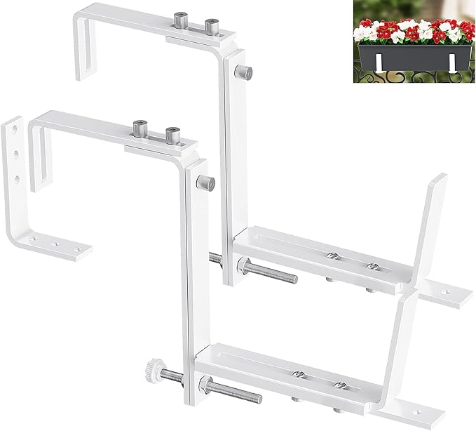 Y&M 2 Pcs Deck Railing Adjustable Planter Box Brackets (6 to 12.5 in), Universal Heavy Duty Iron Flower Box Brackets Wall Mounting Hooks for Fences, Patio, and Garden - White (Patent Registered)