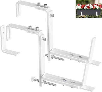 Y&M 2 Pcs Deck Railing Adjustable Planter Box Brackets (6 to 12.5 in), Universal Heavy Duty Iron Flower Box Brackets Wall Mounting Hooks for Fences, Patio, and Garden - White (Patent Registered)