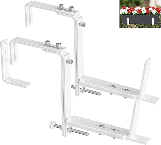 Y&M 2 Pcs Deck Railing Adjustable Planter Box Brackets (6 to 12.5 in), Universal Heavy Duty Iron Flower Box Brackets Wall Mounting Hooks for Fences, Patio, and Garden - White (Patent Registered)