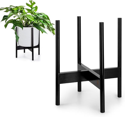 Fox & Fern Bamboo Plant Stand — 11.8 Inch Fixed Size Wooden Mid Century Plant Stand for Indoor Planters (Not Included) - Raised Flower Pot Holder for Indoor Big Pots - Plug In Design - Dark Bamboo