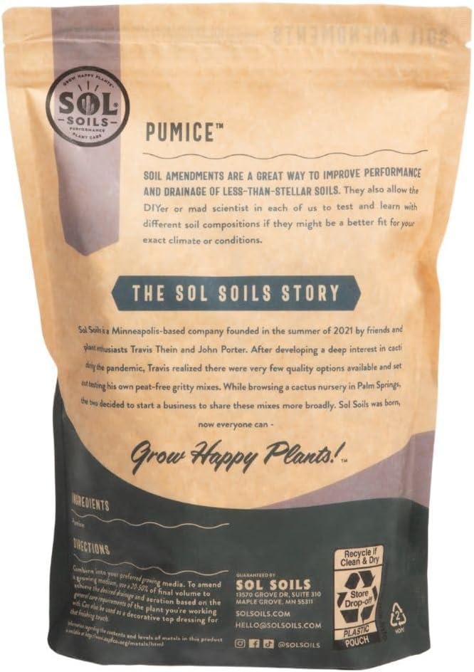 Sol Soils Horticultural Pumice - Lightweight, All-Natural Volcanic Rock Soil Amendment to Improve Drainage, Aeration & Maintain Moisture Balance – Filtered 3/8" to 1/4" - 1 Quart