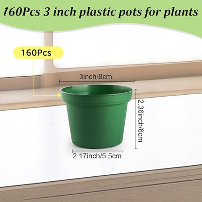 160 Pack 3 Inch Green Nursery Pots - Plastic Seedling, Seed Starter, Germination Pots with Drainage for Plants, Succulents, Flowers, Transplanting Gardening Gifts
