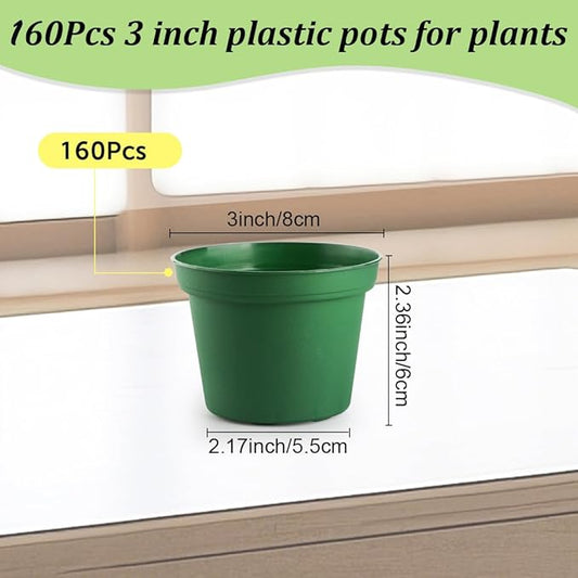 160 Pack 3 Inch Green Nursery Pots - Plastic Seedling, Seed Starter, Germination Pots with Drainage for Plants, Succulents, Flowers, Transplanting Gardening Gifts