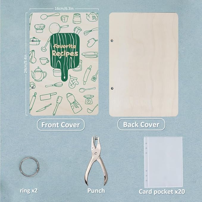 SUPERDANT Favorite Recipe Greeting Card Organizer Food Journal Keeper Kitchen Planner Card Holder Wooden Cards Keeper Binder Recipe Photo Album 2-Rings Cover with Punch and 20pcs Inner Pockets