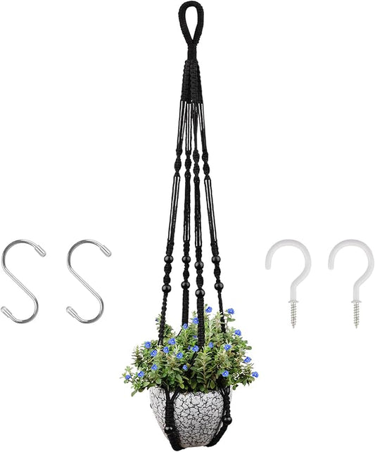 RIFNY Macrame Plant Hanger Indoor, 35 Inch Hanging Plant Holder with Hooks, Large Boho Hanging Basket Plant Hanger for Wall Window Ceiling Plants Decor (Black, 1PC)