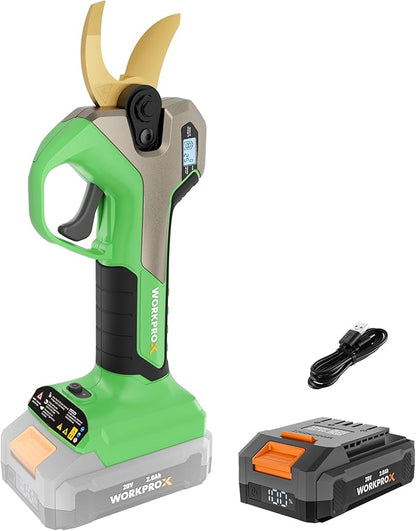 WORKPROX 20V Electric Pruning Shears, 1.26" Cutting Diameter, Brushless Motor, SK5 Titanium-Coated Blades, 2Ah Battery Pruning Shears with LCD Display
