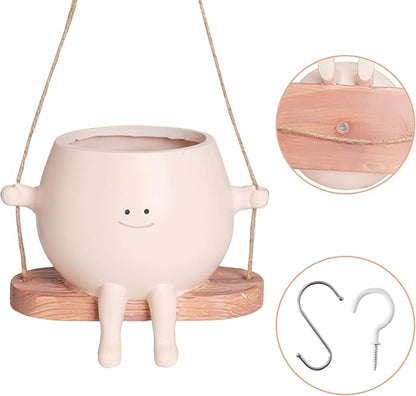 HUNTHAWK Large Swinging Smiley Face Planter Pot Hanging Flower Planters for Indoor and Outdoor Plants, Funny Succulent Pots for String of Pearls Plant Live- Ideal Gifts for Mother's Day and Christmas