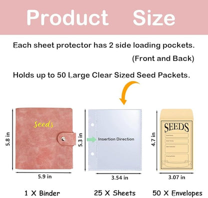 Seed Storage Organizer Binder, PU Seed Packet Organizer with 50 Clear Pockets(25 Pack Sheet Sleeves) and 50 Pack Seed Envelopes, Garden Seed Holder Book, Pink Flower Plant Seed Keeper