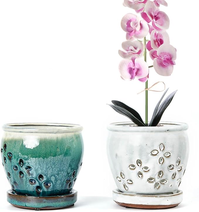 Orchid Pots with Holes Attached Saucers 4.6 Inches - 2 Pcs Small Ceramic Pots for Repotting, Decorative Ceramic Orchid Planter with Hole for Healthy Root Growth White Green