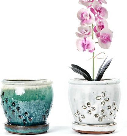 Orchid Pots with Holes Attached Saucers 4.6 Inches - 2 Pcs Small Ceramic Pots for Repotting, Decorative Ceramic Orchid Planter with Hole for Healthy Root Growth White Green