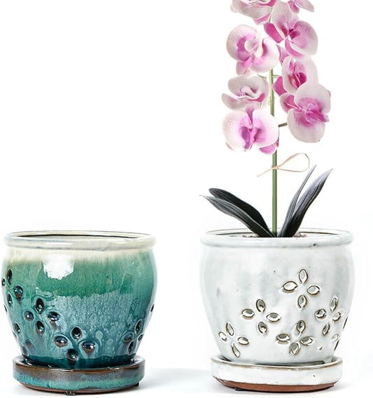 Orchid Pots with Holes Attached Saucers 4.6 Inches - 2 Pcs Small Ceramic Pots for Repotting, Decorative Ceramic Orchid Planter with Hole for Healthy Root Growth White Green