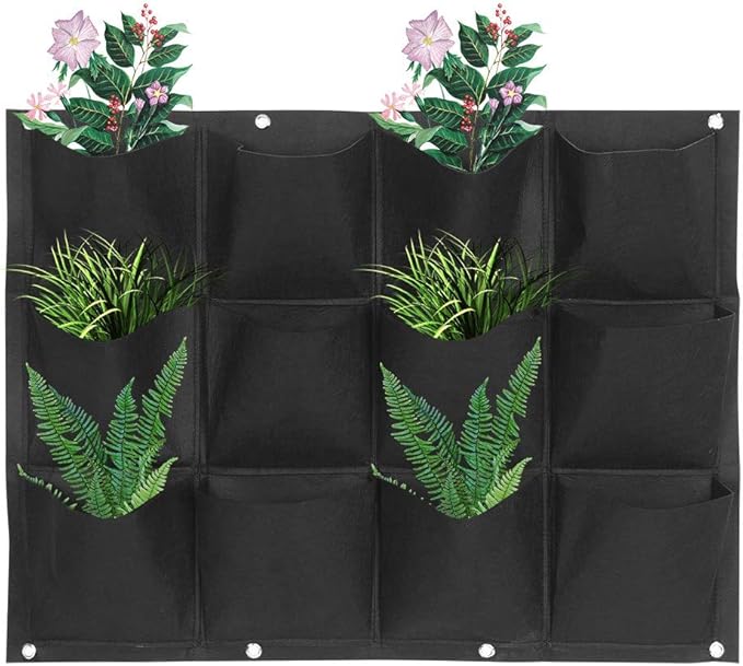 Plant Grow Bag for Vertical Gardening with 12 Pockets, Wall-Mounted Hanging Planter for Flowers and Vegetables, Felt Planting Bag for Indoor Outdoor Balcony and Patio Use in