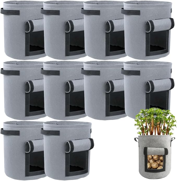 Potato Grow Bags, Thickened 300G Nonwoven Fabric Grow Bags with Handles, Grow Bag for Tomato, Vegetables, and Potatoes, Heavy Duty Planting Pots, Reusable Plant Grow Bags (10pcs Grey, 5 Gallon)