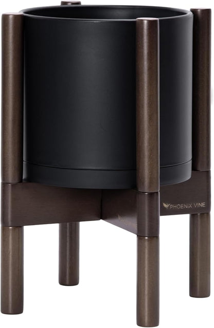D'vine Dev Planter Pot with Stand - 8 Inch Plastic Cylinder Flower Pot with Wood Planter Holder for Indoor, Matte Black Pot + Walnut Color Stand, 55-C-I-2