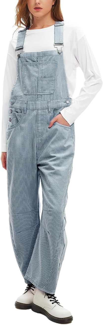 D-Sun Women's Striped Bib Overall Barrel Casual Tapered Overall Pants Wide Leg Adjustable Straps Stretch Jumpsuits