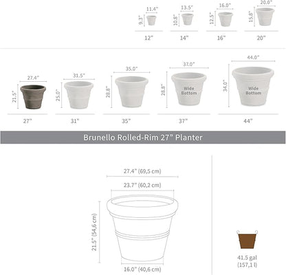 Crescent Garden Brunello Classic Gray Rolled Rim Planter Pot, Lightweight Indoor/Outdoor Weather-Safe Round Plant Pot, 27''W (Weathered Concrete)