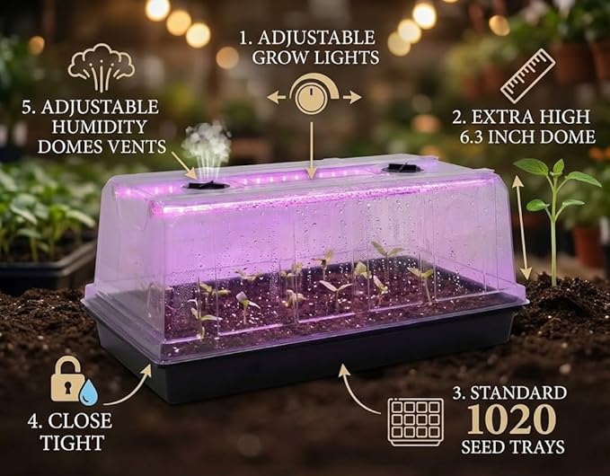 1020 Nursery Tray with Grow Lights - 4-Pack 6.3" Extra High Humidity Dome & Heavy Duty Propagation Tray, 8-Pack Integrated 96 Full Spectrum LED with Timer/5 Dimmable Levels, Reusable Greenhouse Kit