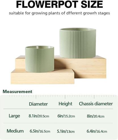 Ceramic Plant Pots, 8.1 + 6 Inch Planters for Indoor Plants, Modern Flower Pot for Plant with Drainage, Medium Cylinder Flower Pots for Indoor/Outdoor, House Plants, Matte Green