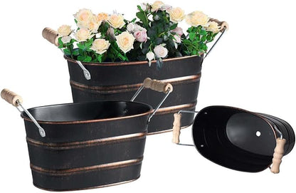 Galvanized Metal Oval Planter Buckets with Handles – Set of 3 Rustic Farmhouse Flower Tubs with Drain Holes & Plugs, Vintage Small Pots for Herbs, Succulents, Wedding or Tabletop Decor (Black)