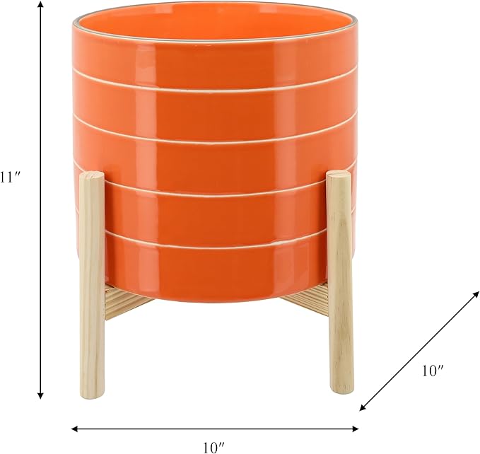 Striped Ceramic Planters with Wooden Stand as Home Decor - Flower Pots for Entryway, Patio, Tabletop, and Garden - Large Colorful Decorative Pots for Indoor and Outdoor Plants - 14", Orange & Tan