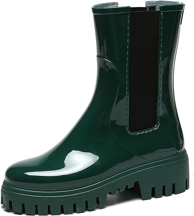 Women'S Waterproof Lug Sole Rain Boots Fashion Elastic Slip On Comfortable Platform Chunky Heel Chelsea Ankle Boots Casual Outdoor Non-Slip Rubber Garden Booties