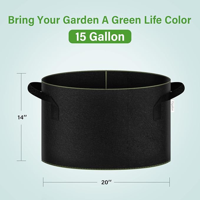 iPower 15-Gallon 10-Pack Grow Bag Thickened Nonwoven Fabric Pots Heavy Duty Aeration Container with Strap Handles for Garden and Planting Vegetable Flowers, Black with Green Stitch Sewing