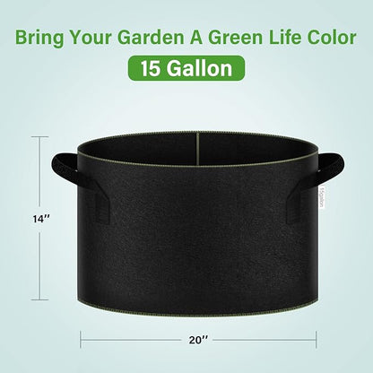 iPower 15-Gallon 10-Pack Grow Bag Thickened Nonwoven Fabric Pots Heavy Duty Aeration Container with Strap Handles for Garden and Planting Vegetable Flowers, Black with Green Stitch Sewing