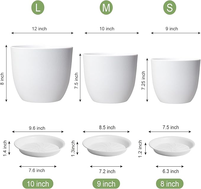 12/10/9 Large Plant Pots, Plastic Planters with Drainage Holes and Saucers for Indoor Outdoor Plants Flowers, White