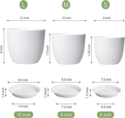 12/10/9 Large Plant Pots, Plastic Planters with Drainage Holes and Saucers for Indoor Outdoor Plants Flowers, White