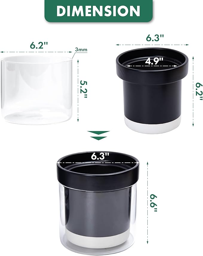 Phoenix Vine 6 Inch Self Watering Planter Pot, Black Terracotta Clay Pot with Glass Reservoir for Indoor Plants, Herbs, Flowers, Set of 2, 52-C-F-2