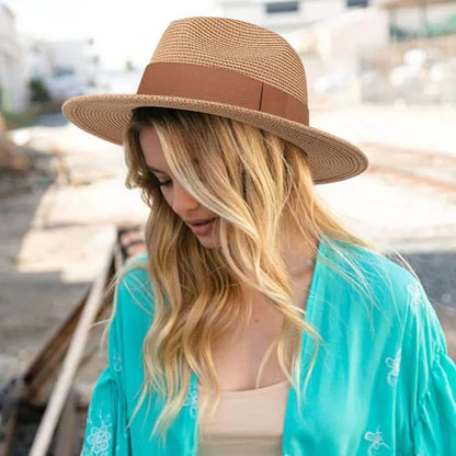 DRESHOW Women Straw Panama Hat Travel Fedora Beach Sun Hat Summer Wide Brim Straw Roll up Hat UPF 50+