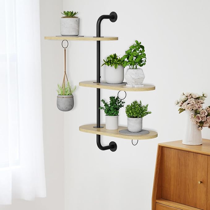 Rotating Window Plant Shelves with 3 Anti-slip Mats, 3 Tier Plant Stand Indoor Outdoor, Wooden Window Plant Shelf with 3 Circle Hook, Hanging Plant Holder for Window, Potted Plants, Flowerpots (Oak Color, 3 Tier)