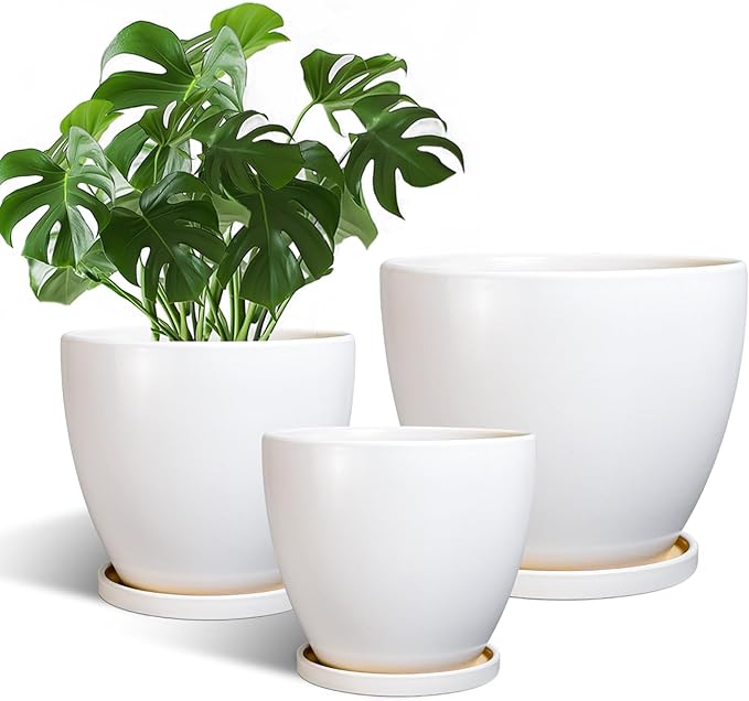 Ceramic Pots for Plants - 10+8+6 Inch Round Modern Planters for Indoor Outdoor Plants, Flower Pots with Drainage Holes and Saucers, Room Patio Decor, Gifts for Plant Lovers, Set of 3, White