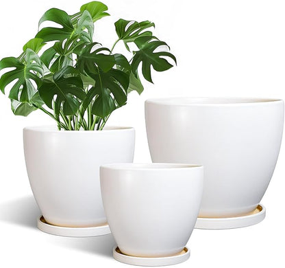 Ceramic Pots for Plants - 10+8+6 Inch Round Modern Planters for Indoor Outdoor Plants, Flower Pots with Drainage Holes and Saucers, Room Patio Decor, Gifts for Plant Lovers, Set of 3, White