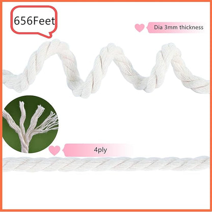4Ply 656 Feet Twine Suitable for BBQ Tying Tamales Chicken Herbs Baking Making Candles and String up Tomato Plants Home Gardening Wedding Decoration Crocheting Artworks and Crafts,Safe Cotton(3mm)