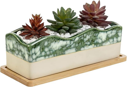MyGift Rectangular Succulent Planter - Decorative Beige and Green Ceramic Glazed Plant Container Pot with Removable Bamboo Tray