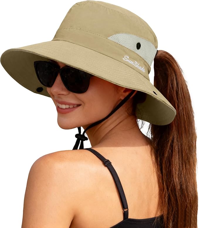 ZOORON Women's Ponytail Safari Sun Hat,Wide Brim UV Protection Outdoor Bucket Hat,Foldable Beach Summer Fishing Hat