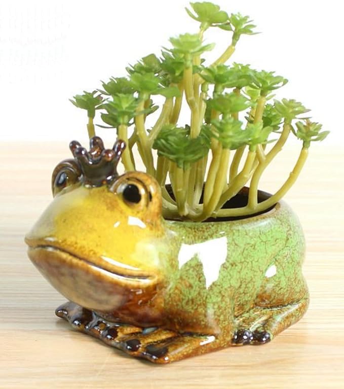 Ceramic Succulent Plant Pot Cactus Plant Pot Flower Pot Container Planter with Drainage Hole Home Office Desk Garden Gift Idea Animal Shaped Flower Pot Cute Vase Pot (Frog Prince)