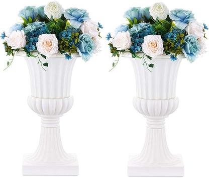 NUPTIO 2 Pcs Classic Urn Planter, 19.7 inch Tall Large Plastic Outdoor Urns Planters, Pedestal Flower vases Plant Pot, Resin Grecian Plants pots for Garden Porch Front Door, White