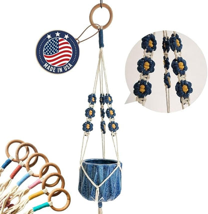 Macrame plant hanger with Daisies | Hanging plant holder | Macrame Plant hangers outdoor and indoor hanging planters Plant stand indoor Boho Decor hanging planter stand/plant shelf (Peacock Blue)