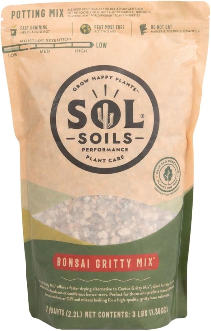 Sol Soils Gritty Bonsai Soil Potting Mix - Fast Draining and Peat Moss Free with Pine Bark, Granite, Pumice, & Calcined Clay for Indoor and Outdoor Plants - 2 Quarts