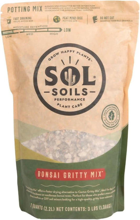 Sol Soils Gritty Bonsai Soil Potting Mix - Fast Draining and Peat Moss Free with Pine Bark, Granite, Pumice, & Calcined Clay for Indoor and Outdoor Plants - 2 Quarts