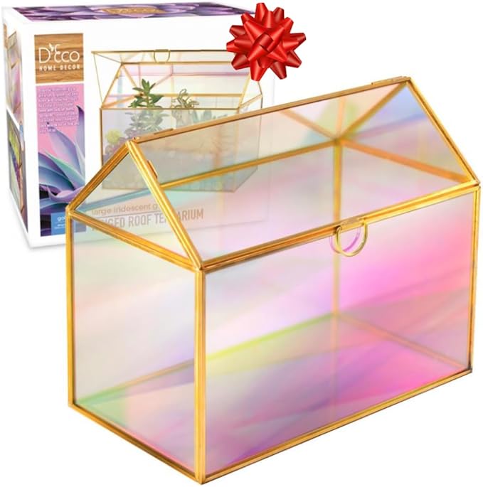 D'Eco Iridescent Glass House Centerpiece (10x6x8) - Table Planter Terrarium - Valentine's Day Home Decor & Wedding Letterbox - Fill with Succulents, Moss, Roses & Chocolates - Valentines Gift for Her