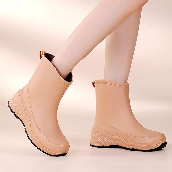 Women'S Chunky Platform Rain Ankle Boot Fashion Comfort Round Toe Waterproof Anti-Slip Thick Sole Pull On Garden Chelsea Rain Boots for Outdoor Work Booties