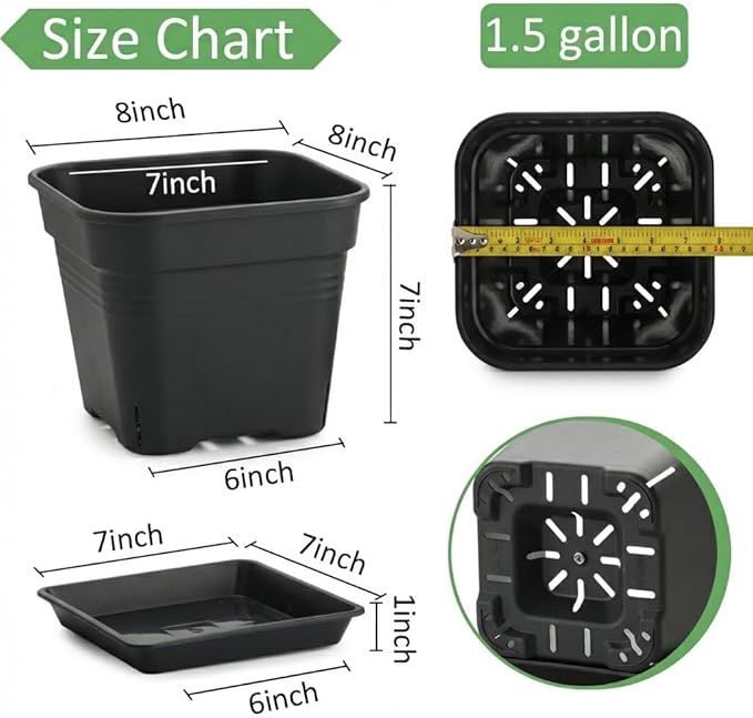 8'' Square Planters with Trays - 6 Pack Heavy Duty Plastic Plant Pots, 24 Strip Drainage Holes for Root Aeration & Prevention of Root Rot, Raised Bottom Airflow Center, BPA-Free Black Flower Pots