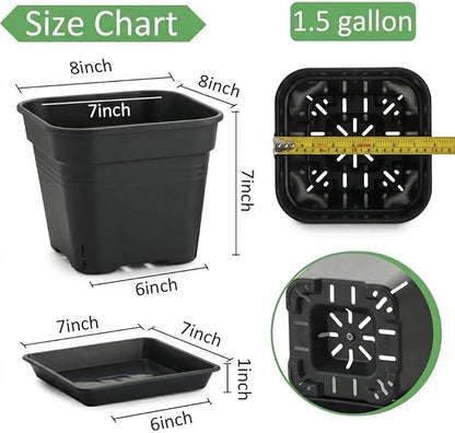 8'' Square Planters with Trays - 6 Pack Heavy Duty Plastic Plant Pots, 24 Strip Drainage Holes for Root Aeration & Prevention of Root Rot, Raised Bottom Airflow Center, BPA-Free Black Flower Pots
