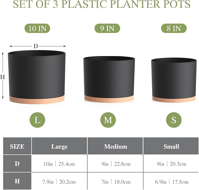 (3 Pack) 10 Inch Plant Pot with Drainage and Saucers, 10/9/8 Inch Plastic Plant Pots for Indoor Plants, Modern Round Planter Set for Flowers, Herbs, Garden Decor (Black-Brown)
