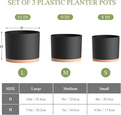 (3 Pack) 10 Inch Plant Pot with Drainage and Saucers, 10/9/8 Inch Plastic Plant Pots for Indoor Plants, Modern Round Planter Set for Flowers, Herbs, Garden Decor (Black-Brown)